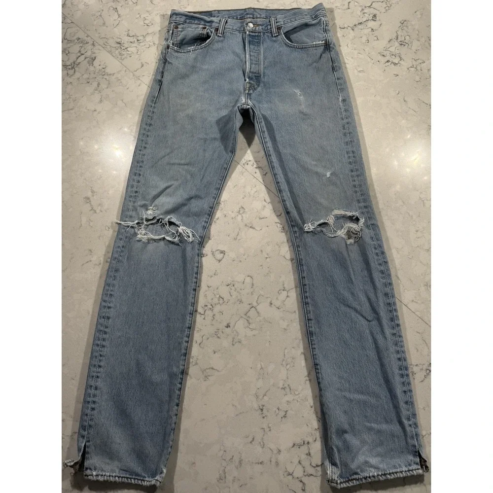 Levi's 501 Jeans Mens 33x34 Blue Light Wash Button Fly Distressed Ripped Grunge